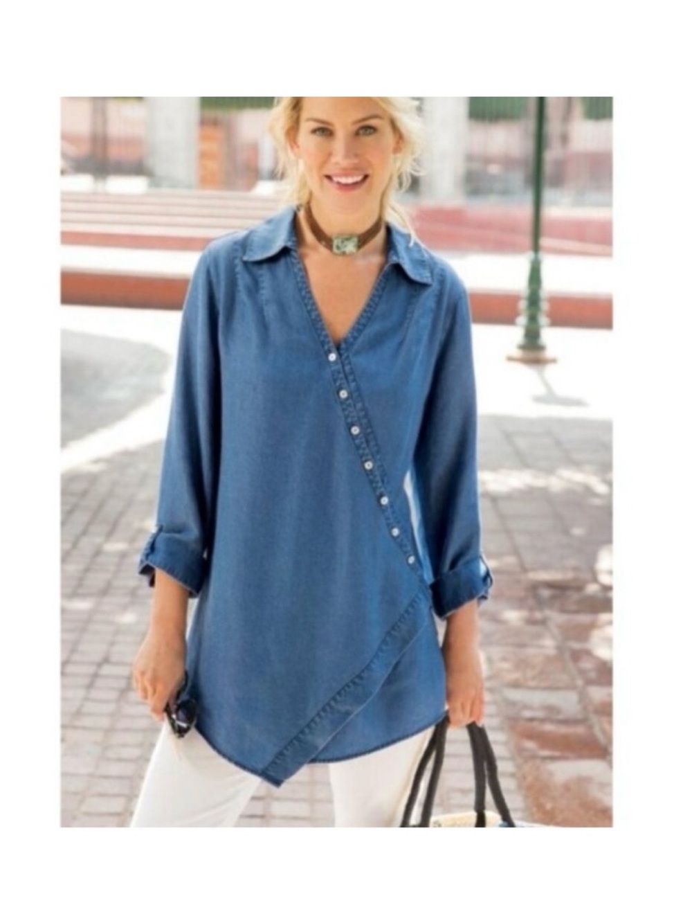 Soft Surroundings Tencel Lyocell Chambray Asymmetrical Tunic Top
